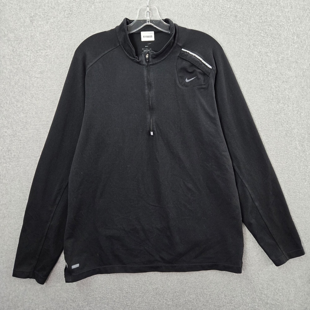 Nike Men Sweatshirt XL Black Logo Dri Fit Shoulder Pockets 1/4 Zip Workout Run